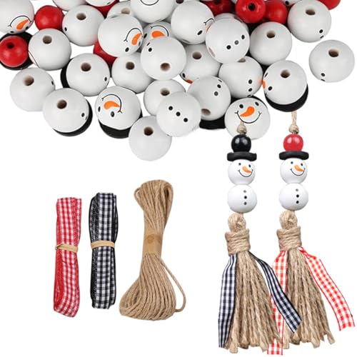 Schneemann Holzperlen für Weihnachten 120 natürliche Holzperlen für 30 Sets Schneemänner mit 10m Schnur, 20mm Schneemann-Gesicht Holzperlen Set für DIY-Basteleien Weihnachten Halloween Winter-Dekora von Amacoam