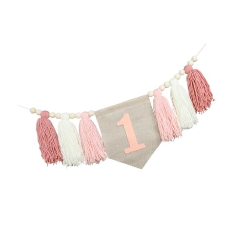 Amagogo Hochstuhl Banner Perle Quastel Girlande, Sackleinen Hochstuhlbanner, Holzperle Quasten, 1. Geburtstag Banner für Jungen Mädchen Schlafzimmer, Rosa von Amagogo