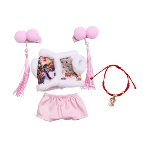 Amagogo Mini Puppenkleidung, Tang Anzug, Kinder Geschenk, Modisches Miniatur Kostüm, Stilvolle Niedliche Kleidung, Anzug, Outfit für 17 cm Große Puppen, Rosa mit Kopfschmuck von Amagogo