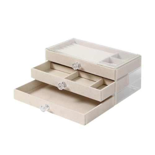 Amagogo Schmuck-Organizer-Box, Vitrine, Tischplatte, elegantes stapelbares Schmucketui, transparente Schmuckschatulle für Halsketten, Ringe, Show-Kommode, Beige von Amagogo