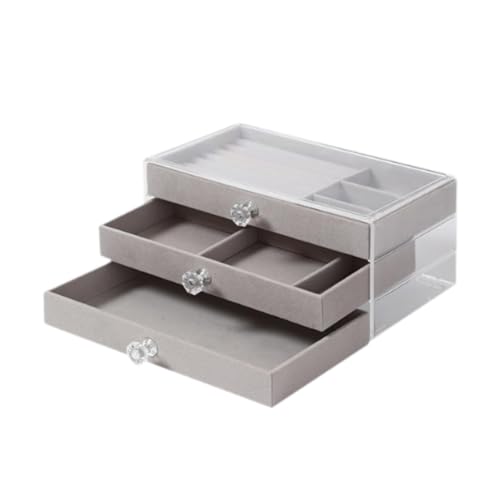 Amagogo Schmuck-Organizer-Box, Vitrine, Tischplatte, elegantes stapelbares Schmucketui, transparente Schmuckschatulle für Halsketten, Ringe, Show-Kommode, Grau von Amagogo