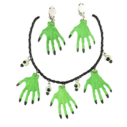 Amakando Halloween Halsschmuck Hexen Halskette und Ohrringe grün Voodoo Hexenschmuck Hexenkette Hexenanhänger Kostüm Schmuck Gothic Collier Anhänger Hexe von Amakando