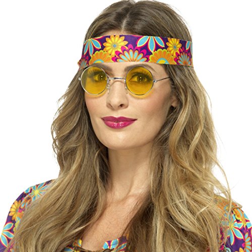 Amakando Hippie Sonnenbrille - gelb - 60er Jahre Partybrille Runde Flower Power Brille Schlagermove Funbrille Peace 70er Jahre Retrobrille John Hippiebrille von Amakando