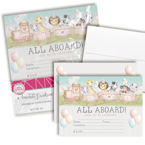 Amanda Creation All Aboard Geburtstagseinladungen – niedliche Tier-Dschungelzug-Themen-Einladungen für Mädchen, 20 doppelseitige Ausfüllkarten mit zwanzig weißen Umschlägen, Kinder-Partyzubehör von Amanda Creation