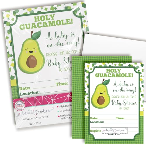 Amanda Creation Avocado-Einladungen für Babypartys für Mädchen, 20 Stück, 12,7 x 17,8 cm, doppelseitig, zum Ausfüllen, Holy Guacamole, Babypartyeinladungen mit zwanzig weißen Umschlägen, von Amanda Creation