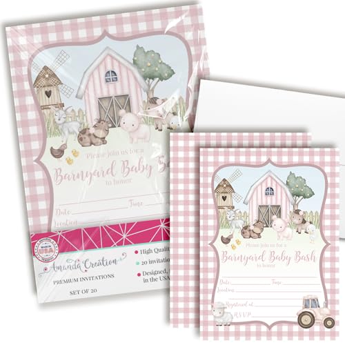 Amanda Creation Barnyard Einladungen für Babypartys, 20 Stück, 12,7 x 17,8 cm, doppelseitig, zum Ausfüllen, für Mädchen, Bauernhof, mit 20 weißen Umschlägen, Barnyard Babyparty-Karten "It's a Girl" von Amanda Creation