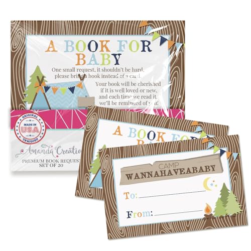 Amanda Creation Buchanfragekarten Camping Boy Bring a Book Insert Request für Babyparty – 20 doppelseitige Geschenkanhänger, 6,3 x 10,2 cm, hergestellt in den USA von Amanda Creation