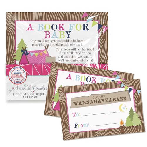 Amanda Creation Buchanfragekarten Camping Girl Bring a Book Insert Request für Babyparty – 20 doppelseitige Geschenkanhänger, 6,3 x 10,2 cm, hergestellt in den USA von Amanda Creation