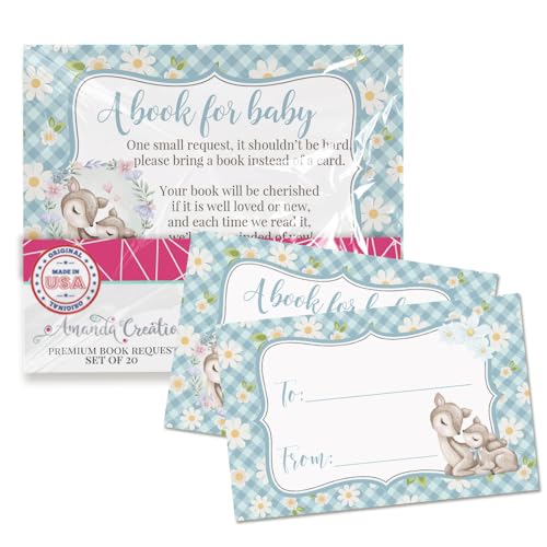 Amanda Creation Buchanfragekarten Little Boy Floral Woodland Deer Bring a Book Insert Request for Baby Shower – 20 doppelseitige Geschenkanhänger, 6,3 x 10,2 cm, hergestellt in den USA von Amanda Creation