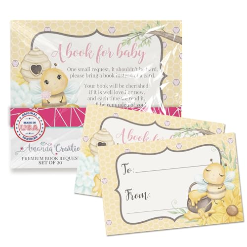 Amanda Creation Buchanfragekarten Little Girl Honey Bee Bring a Book Insert Request for Baby Shower – 20 doppelseitige Geschenkanhänger, 6,3 x 10,2 cm, hergestellt in den USA von Amanda Creation