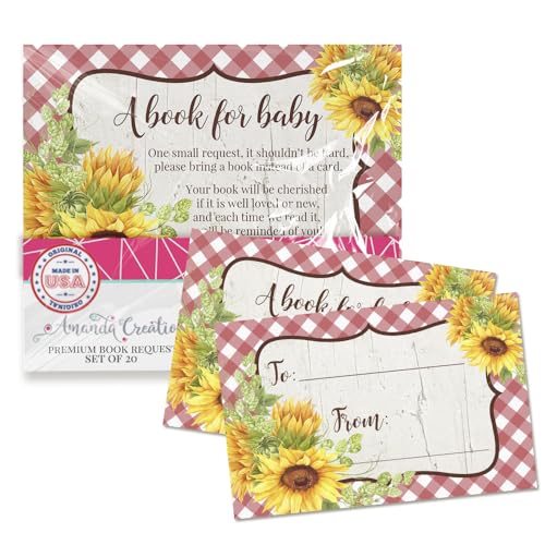 Amanda Creation Buchanfragekarten Sonnenblume Baby Q Bring a Book Insert Request für Babyparty – 20 doppelseitige Geschenkanhänger, 6,3 x 10,2 cm, hergestellt in den USA von Amanda Creation