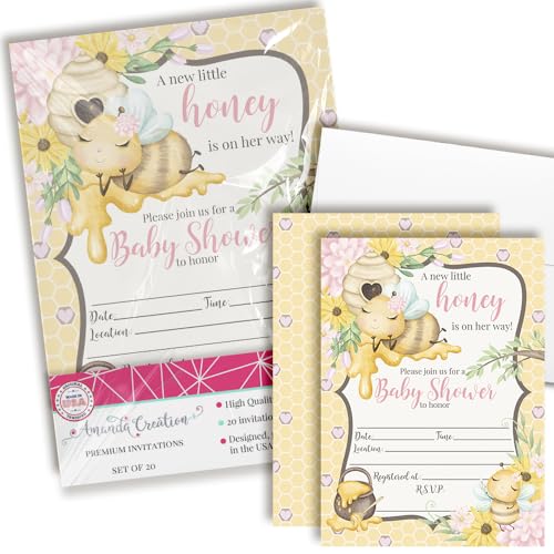 Amanda Creation Honey Babyparty-Einladungen für Mädchen, 20 Stück, 12,7 x 17,8 cm, doppelseitig, zum Ausfüllen, Honigbienen-Einladungen mit 20 weißen Umschlägen, kleine Honigbiene, Babyparty-Karten von Amanda Creation