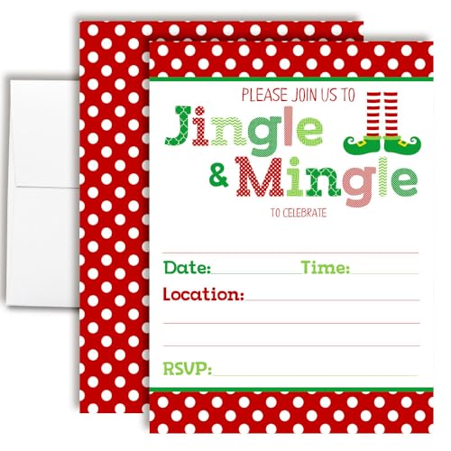 Amanda Creation Weihnachtseinladungen mit Umschlägen – Jingle and Mingle, 4 Stück, 12,7 x 17,8 cm, doppelseitige Einladungskarten zum Ausfüllen mit vier weißen Umschlägen, perfekt für Weihnachtsfeiern von Amanda Creation