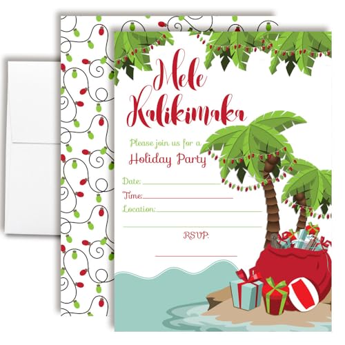 Amanda Creation Weihnachtseinladungen mit Umschlägen – Mele Kalikimaka Hawaiian, 16 Stück, 12,7 x 17,8 cm, doppelseitige Einladungskarten zum Ausfüllen mit 16 weißen Umschlägen, perfekt für von Amanda Creation