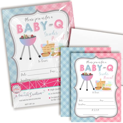 AmandaCreation Baby-Q BBQ-Einladungen, zum Auffüllen, 12,7 x 17,8 cm, Grill- und Picknick-Themenkarten mit Umschlägen, rosa und blau, Gingham-Muster, 20 Stück AmandaCreation Baby-Q BBQ-Einladungen, zum Auffüllen, 12,7 x 17,8 cm, Grill- und Picknick-Themenkarten mit Umschlägen, rosa und blau, Gingham-Muster, 20 Stück von Amanda Creation