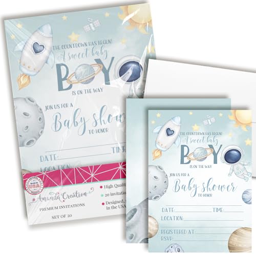 AmandaCreation Einladungen für Babypartys, 20 Stück, 12,7 x 17,8 cm, doppelseitig, zum Ausfüllen, Raketenschiff, Galaxie-Karten mit 20 weißen Umschlägen, Alien-Einladungen zur Babyparty, Aufschrift von Amanda Creation