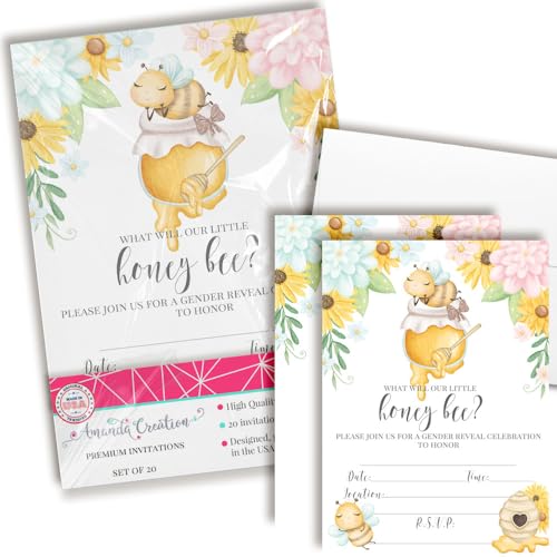 AmandaCreation Einladungen zum Ausfüllen des Geschlechts – 20 Einladungen zum Ausfüllen der Babyparty mit Umschlägen – niedliche Einladungen mit Bienen-Motiv AmandaCreation Einladungen zum Ausfüllen des Geschlechts – 20 Einladungen zum Ausfüllen der Babyparty mit Umschlägen – niedliche Einladungen mit Bienen-Motiv von Amanda Creation
