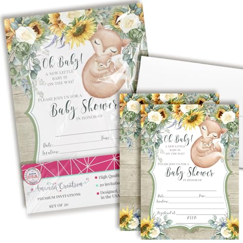 AmandaCreation Einladungskarten für Babypartys für Jungen oder Mädchen, doppelseitig, zum Ausfüllen, Blumen-Sonnenblumen-Fuchs-Einladungen mit zwanzig weißen Umschlägen, geschlechtsneutral, zum von Amanda Creation