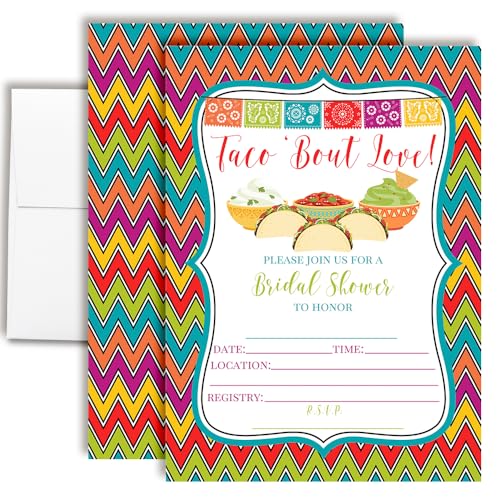 AmandaCreation Einladungskarten für die Brautparty, Motiv: Taco 'Bout Love Brautparty, 12,7 x 17,8 cm, bunte Fiesta-Themenkarten mit Umschlägen, lustige mexikanische Hochzeitseinladungen, 20 Stück AmandaCreation Einladungskarten für die Brautparty, Motiv: Taco 'Bout Love Brautparty, 12,7 x 17,8 cm, bunte Fiesta-Themenkarten mit Umschlägen, lustige mexikanische Hochzeitseinladungen, 20 Stück von Amanda Creation