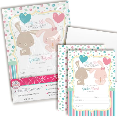 AmandaCreation Einladungskarten mit Aufschrift "He or She Bunny Gender Reveal", 12,7 x 17,8 cm, mit Umschlägen, niedliches Aquarell-Hasen-Motiv, 20 Stück AmandaCreation Einladungskarten mit Aufschrift "He or She Bunny Gender Reveal", 12,7 x 17,8 cm, mit Umschlägen, niedliches Aquarell-Hasen-Motiv, 20 Stück von Amanda Creation