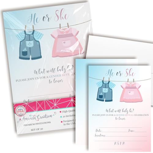 AmandaCreation Einladungskarten mit Baby-Wäscheleinen-Design, 20 Karten zum Ausfüllen, 12,7 x 17,8 cm, mit Umschlägen, niedliche Babyparty-Einladungen für Jungen oder Mädchen AmandaCreation Einladungskarten mit Baby-Wäscheleinen-Design, 20 Karten zum Ausfüllen, 12,7 x 17,8 cm, mit Umschlägen, niedliche Babyparty-Einladungen für Jungen oder Mädchen von Amanda Creation