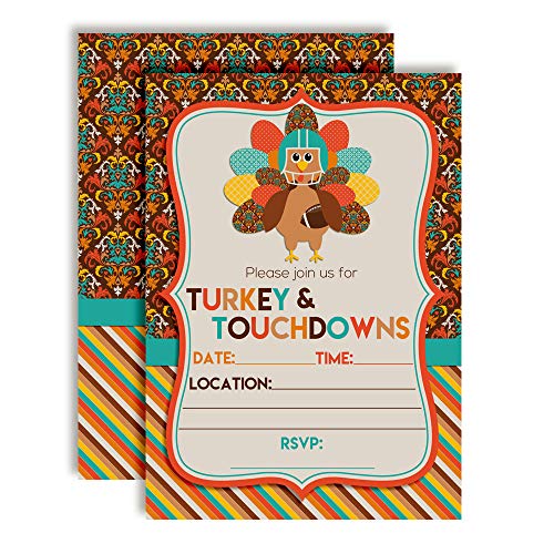 AmandaCreation Türkei & Touchdowns Thanksgiving-Partyeinladungen, 16 Stück, 12,7 x 17,8 cm, mit 16 weißen Umschlägen, Einladungskarten und Dekorationen von Amanda Creation