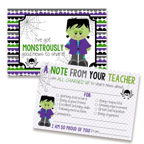 Halloween Teacher Mail! Frankenstein Halloween Monster Happy Mail für Schüler – 30 Postkarten zum Ausfüllen, 10,2 x 15,2 cm, große positive Notizen, zum Senden nach Hause an Eltern, Briefkasten, von Amanda Creation