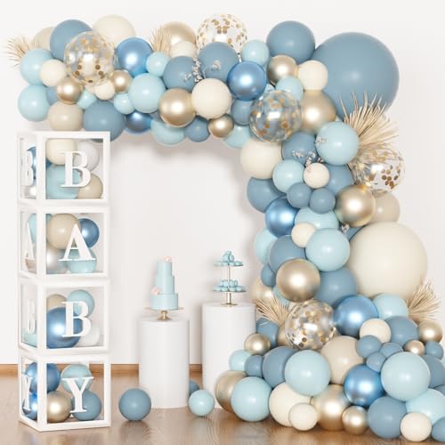 153pcs Dusty Blue Balloon Baby Shower Decorations for Boy with Baby Boxes, Blue Balloon Arch Kit Baby Boxes with Letter (A-Z+Baby) for Boho Baby Shower Boy Birthday Gender Reveal Party Supplies von Amandir