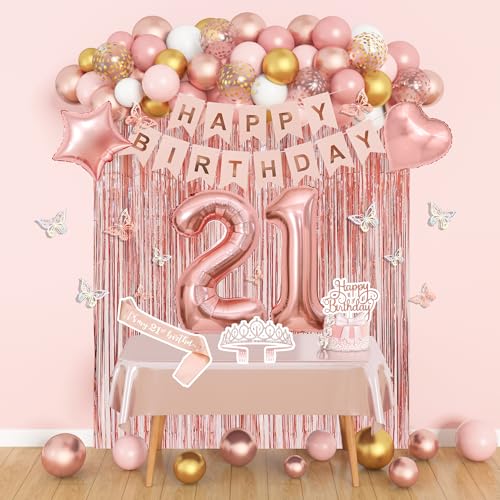 21. Geburtstag Dekorationen für Mädchen, Rose Gold Rosa Folie Zahl Luftballons Happy 21st Birthday Dekorationen für Sie Tischdecke Krone Schärpe Fransen Vorhänge Banner Kuchen Topper Schmetterling von Amandir