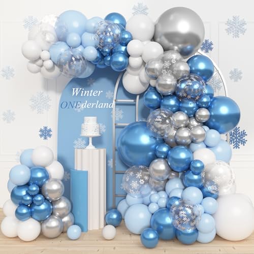 Amandir 153 Stück Blau Silber Ballon Girlande Bogen Kit Verschiedene Größen 18 12 10 12,7 cm Blau Weiß Latex Metallic Konfetti Schneeflocken Ballons für Winter Wunderland Prinzessin Baby Shower Party von Amandir