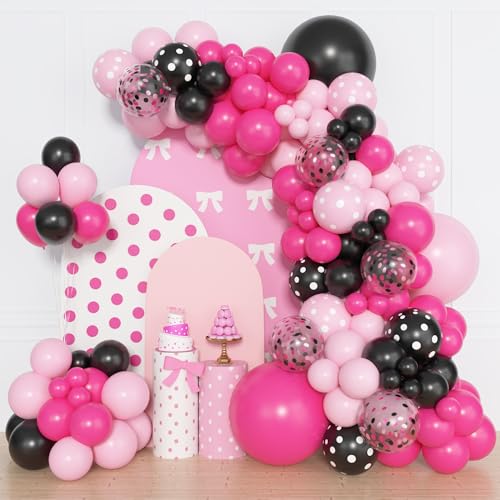 Amandir 153 Stück Rosa Schwarz Ballon Girlande Bogen Kit Verschiedene Größen 18 12 10 12,7 cm Rosa Schwarz Latex Punkt Konfetti Ballons für Mädchen Kinder Cartoon Maus Babyparty Geburtstag Party von Amandir