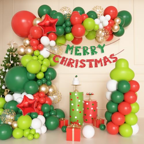 Amandir 159 Stück Weihnachtsballons Girlande Bogen Kit mit Merry Christmas Banner, grün-rot-hellgrüne Luftballons für Neujahr, Urlaub, Weihnachten, Party, Dekorationen von Amandir