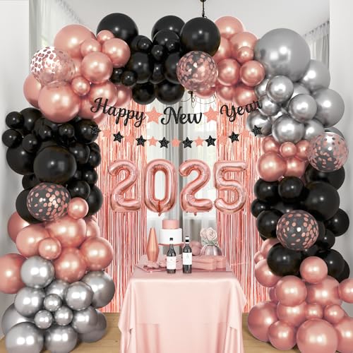 Amandir Neujahrsdekorationen, schwarz-rotgoldenes Ballon-Girlanden-Set, 2025 Zahlen, Happy New Year-Banner, Fransenhintergrund für Silvester-Partyzubehör von Amandir