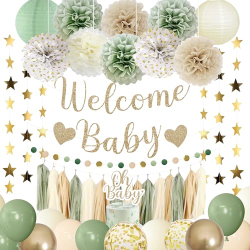 Babyparty-Dekorationen Salbeigrün Luftballons Willkommen Baby Banner, Papierlaternen, Papierblume Pom Poms Quasten, Kreis Punkte Stern Girlande, Cake Topper, Neutral Geschlecht Enthüllung Geburtstag von Amandir