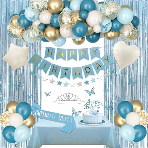 Blaue Geburtstagsdekorationen für Frauen Mädchen, hellstaubige blaue weiße Sandfolienballons Tischdecke Schärpe Krone Fransenvorhänge Happy Birthday Banner Glitzer Stern Girlande Topper Schmetterling von Amandir