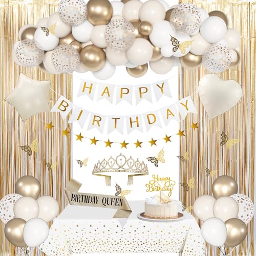 Gold Geburtstag Dekorationen für Frauen Mädchen, Weiß Sand Gold Folienballons Tischdecke Schärpe Krone Fransenvorhänge Happy Birthday Banner Golden Glitter Stern Girlande Schmetterling Kuchen Topper von Amandir