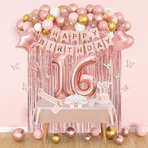 Sweet 16 Party Dekorationen, 16 Geburtstag Dekorationen für Mädchen Rose Gold Rosa Folie Zahl Luftballons Tischdecke Krone Schärpe Fransen Vorhänge Happy Birthday Banner Kuchen Topper Schmetterling von Amandir