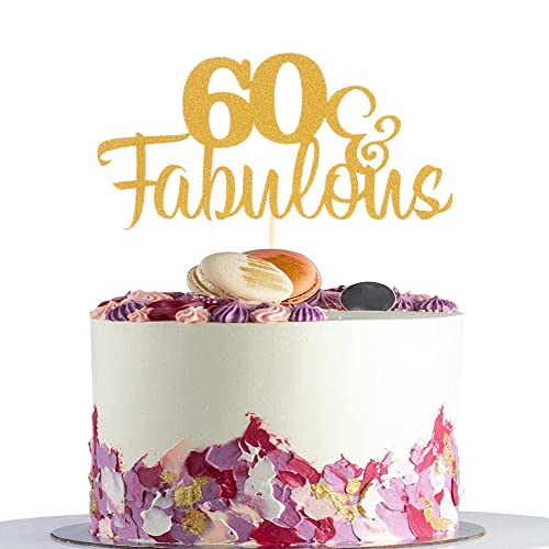 AmarYYa Fabulous & 60 Cake Topper – Gold Glitter 60th Birthday Topper, Gold Glitter Sixty Anniverysary Party Decoration, Cheers to 60 Years Party Decorations Supplies von AmarYYa