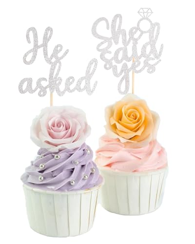 Cupcake-Topper mit Aufschrift "He Asked She Said Yes" für Verlobung Brautparty, Party, Cupcake-Dekoration, glitzernde Foto-Requisiten… von AmarYYa