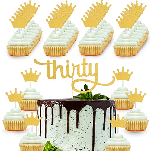 Gold Thirty Cake Topper Set - 1 Pcs f Gold Glitter Thirty Cake Topper And 30 Pcs Crown Cupcake Topper, Single-side Gold Glitter Paper 30th Birthday Men and Women Party Cake Decoration von AmarYYa