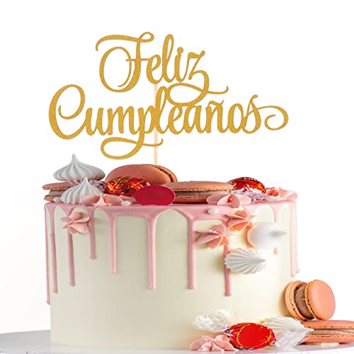 Spanischer Feliz Cumpleaños Tortenaufsatz – goldener Glitzer "Happy Birthday"-Kuchenaufsatz, einseitig goldfarben glitzernd Feliz Cumpleaños Dekorationen, Fiesta-Themen-Party-Dekoration (Gold) von AmarYYa