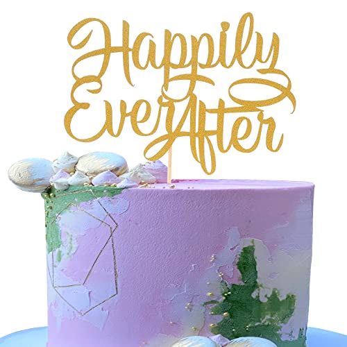 Tortenaufsatz "Happy Ever After", goldfarbener Glitzer, für Hochzeit/Verlobung/Brautparty/Gelübde Renewal/Jubiläumsfeier, Ruhestand, Party-Dekoration, Geburtstagstortenaufsatz von AmarYYa