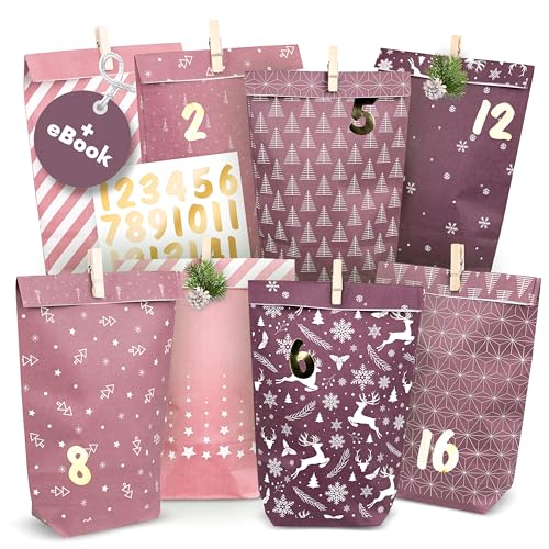 AMARI ® Adventskalender zum Befüllen Nr. 14 Midnight Rose - 24 Papier Adventstüten (mit Holzklammern) zum Basteln für Weihnachten - Papier Weihnachtstüten von Amari