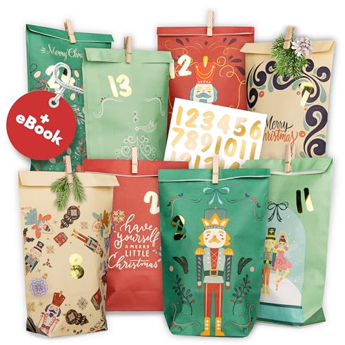 AMARI ® Adventskalender zum Befüllen Nr. 16 Nutcracker - 24 Papier Adventstüten (mit Holzklammern) zum Basteln für Weihnachten - Papier Weihnachtstüten von Amari