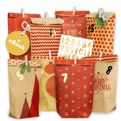 AMARI ® Adventskalender zum Befüllen Nr. 18 Red Mix - 24 Papier Adventstüten (mit Holzklammern) zum Basteln für Weihnachten - Papier Weihnachtstüten von Amari