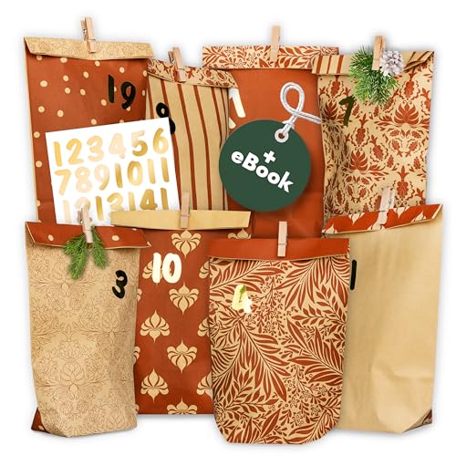 AMARI ® Adventskalender zum Befüllen Nr. 20 Vintage Brown - 24 Papier Adventstüten (mit Holzklammern) zum Basteln für Weihnachten - Papier Weihnachtstüten von Amari