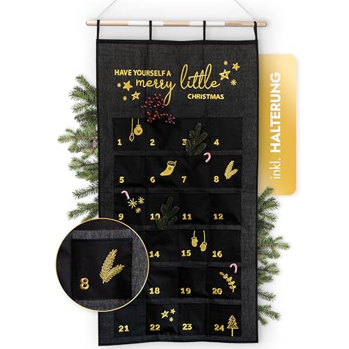 AMARI ® Adventskalender zum Befüllen Schwarz/Gold - XXL Wandkalender (70 x 130 cm) mit 24 Fächern zum Basteln für Weihnachten - Adventskalender zum Aufhängen Stoff - Weihnachtskalender von Amari