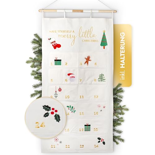 AMARI ® Adventskalender zum Befüllen Weiß/Gold - XXL Wandkalender (70 x 130 cm) mit 24 Fächern zum Basteln für Weihnachten - Adventskalender zum Aufhängen Stoff - Weihnachtskalender von Amari