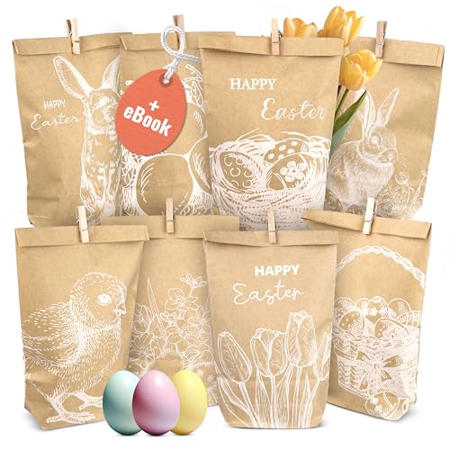 AMARI ® Ostertüten Set (12 Stück inklusive Klammern) - Geschenktüten für Ostern aus Papier - Ostern Papiertüten - Ostertüten zum Befüllen von Amari
