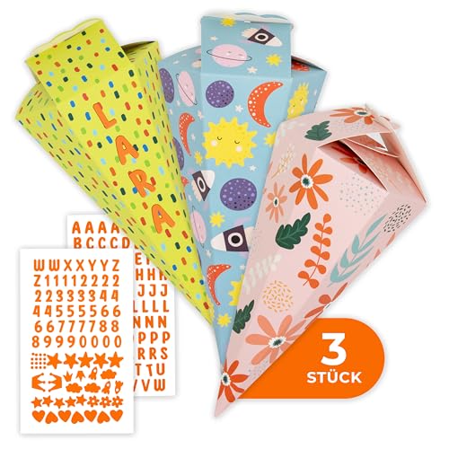 Amari® Schultüte Pattern, Geschwisterschultüten aus Pappe, Faltbare Zuckertüte für die Einschulung zum Schulanfang, Geschenkverpackung für Schulanfänger von Amari